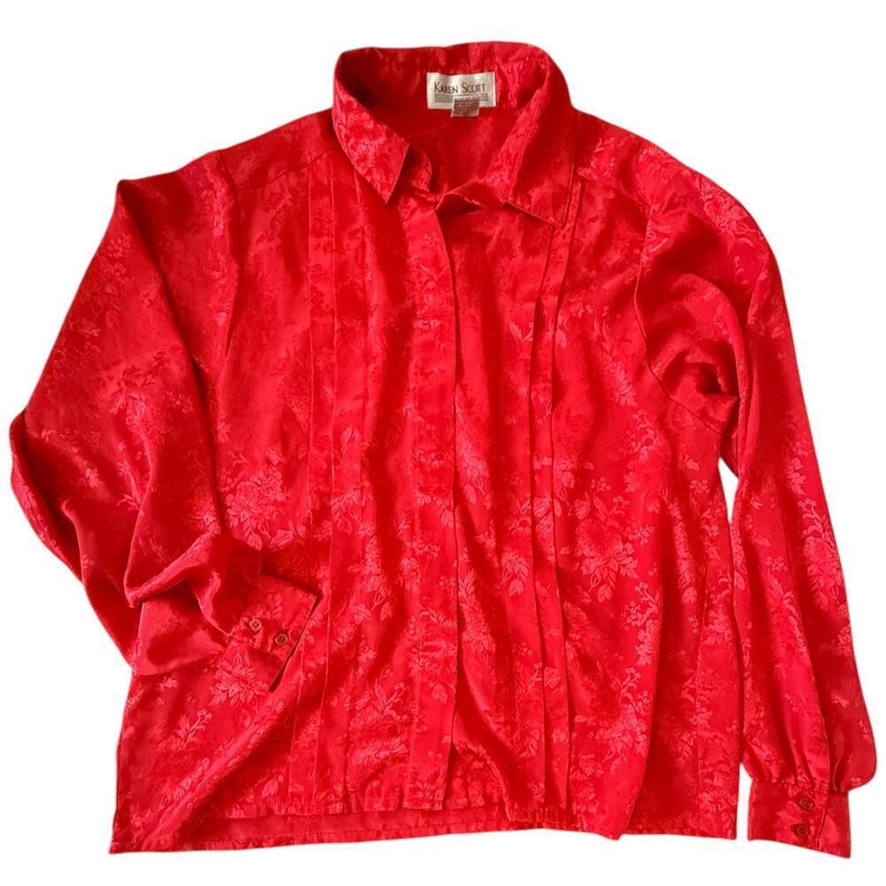 Karen Scott Red Jacquard Button Up Blouse Sz 16